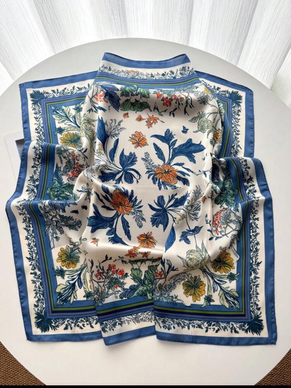 Floral Blue & Cream Decorative Silk like Scarf nwt